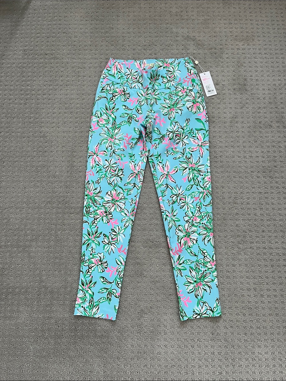 Lilly Pulitzer Turquoise Floral Cropped Leggings with Pink & Green Accents